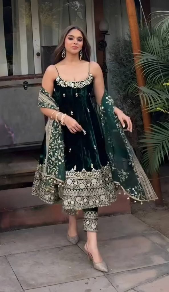 Dark green vichitra silk embroidered sequins & thread work anarkali suit set