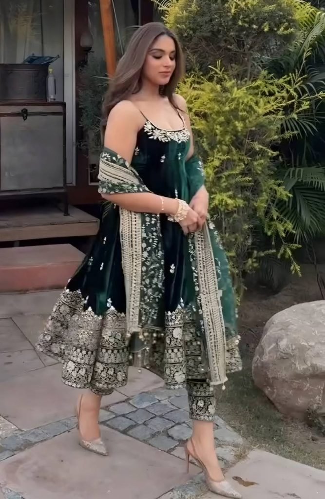 Dark green vichitra silk embroidered sequins & thread work anarkali suit set