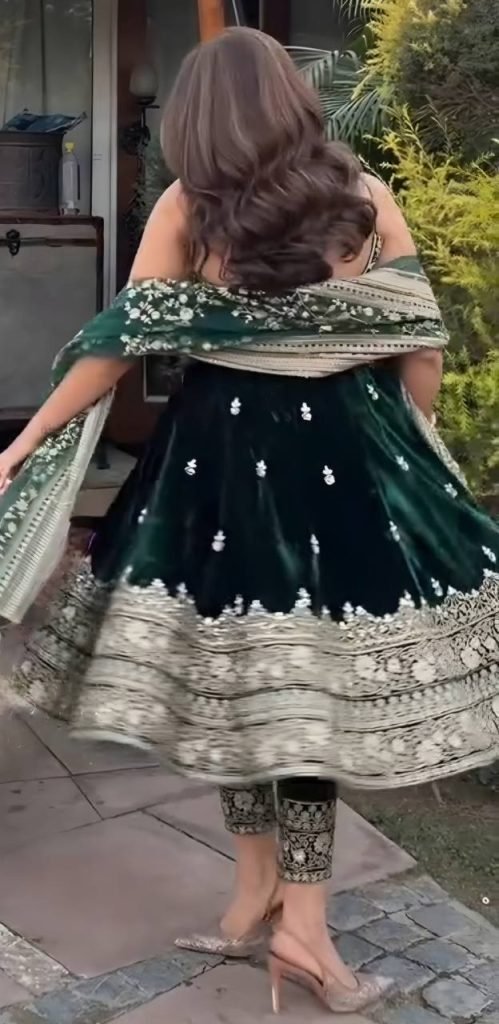 Dark green vichitra silk embroidered sequins & thread work anarkali suit set