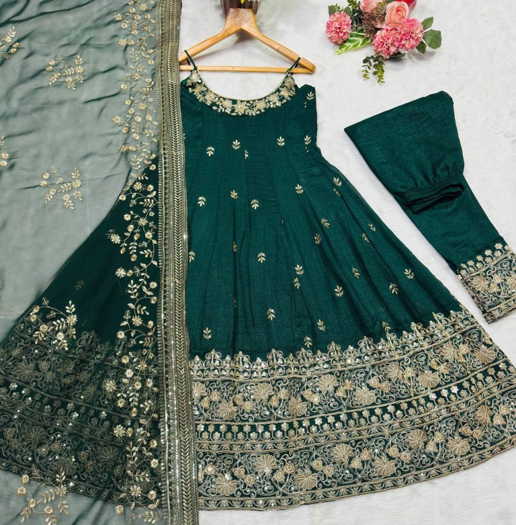 Dark green vichitra silk embroidered sequins & thread work anarkali suit set