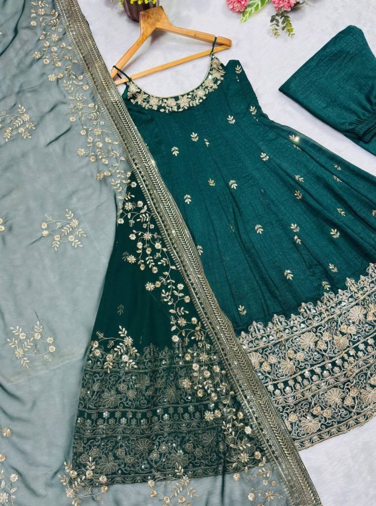 Dark green vichitra silk embroidered sequins & thread work anarkali suit set