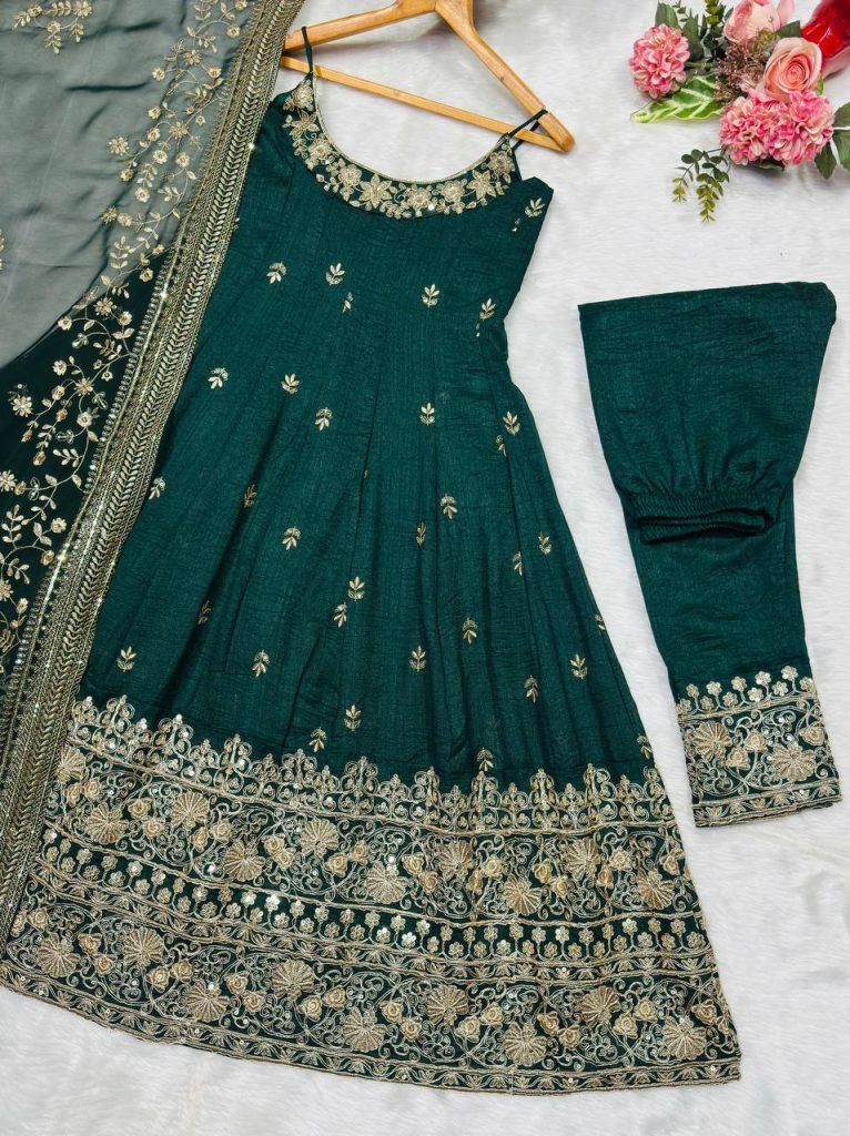 Dark green vichitra silk embroidered sequins & thread work anarkali suit set