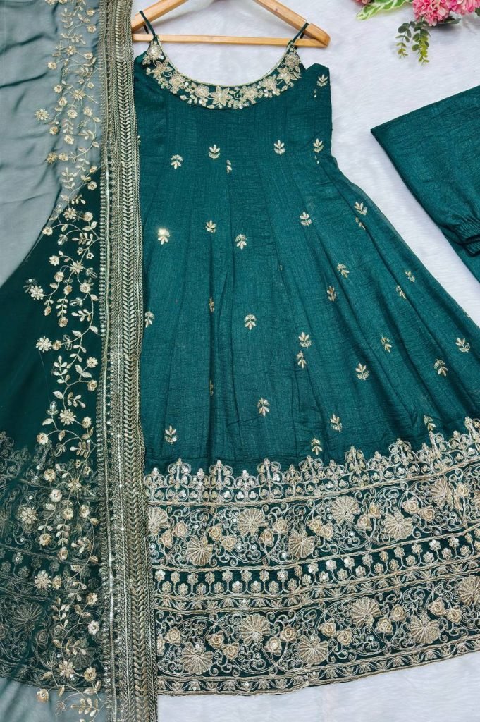 Dark green vichitra silk embroidered sequins & thread work anarkali suit set