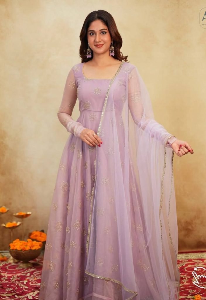 Light purple soft organza embroidery work gown-pant and dupatta set