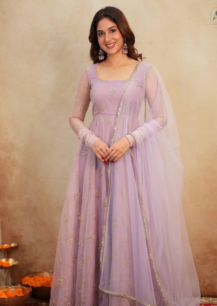 Light purple soft organza embroidery work gown-pant and dupatta set