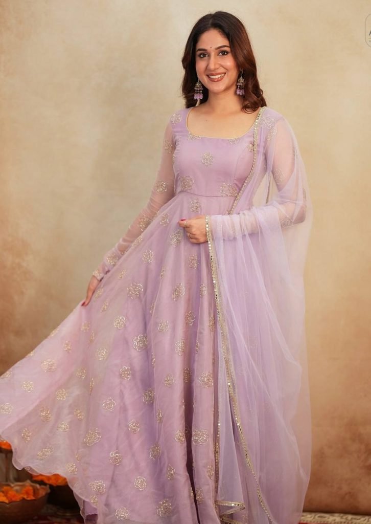 Light purple soft organza embroidery work gown-pant and dupatta set