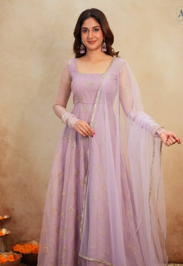 Light purple soft organza embroidery work gown-pant and dupatta set