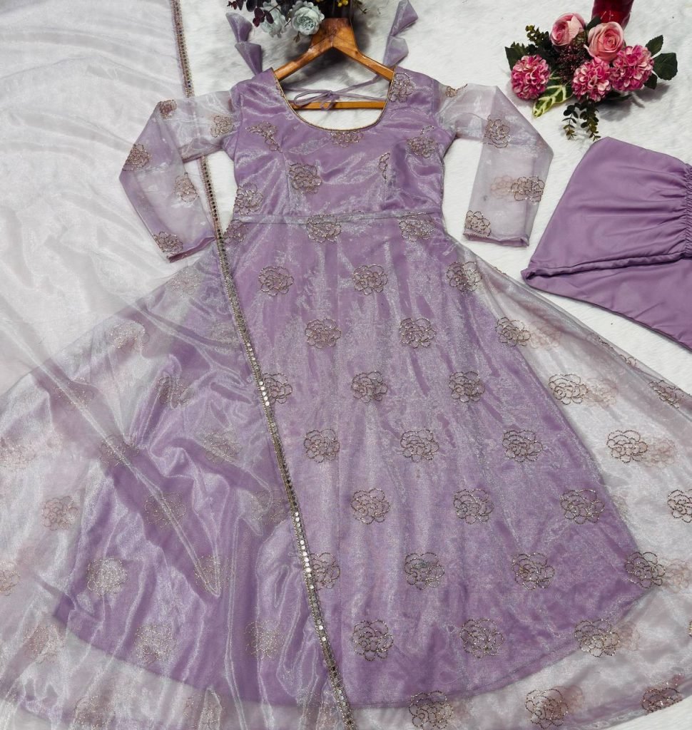 Light purple soft organza embroidery work gown-pant and dupatta set