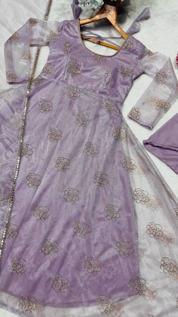 Light purple soft organza embroidery work gown-pant and dupatta set