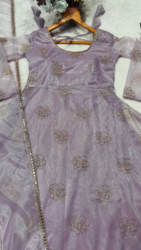 Light purple soft organza embroidery work gown-pant and dupatta set