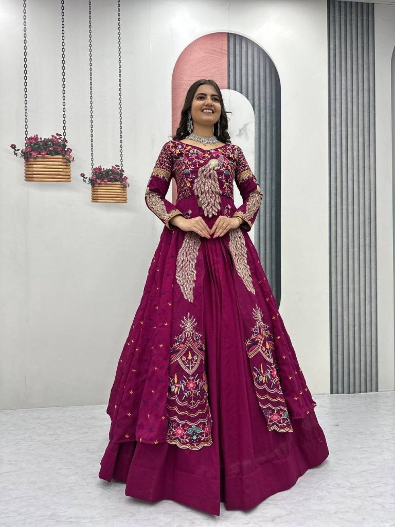 Purple vichitra embroidery thread sequence work top-lehenga set
