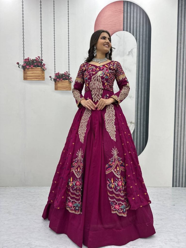 Purple vichitra embroidery thread sequence work top-lehenga set