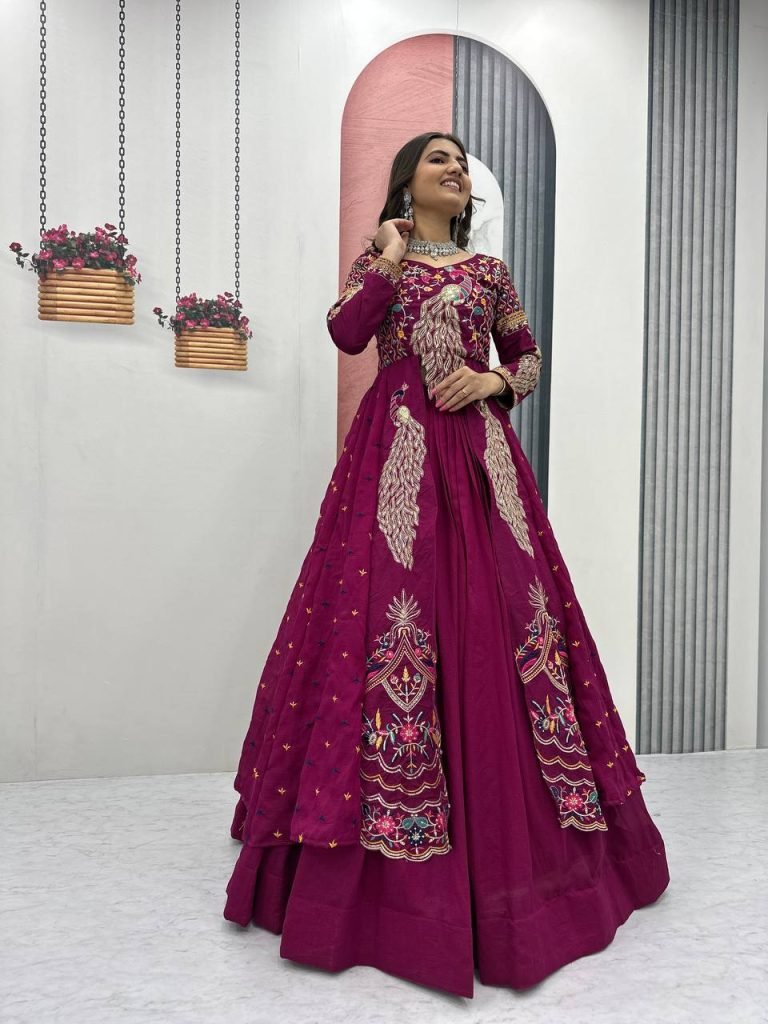 Purple vichitra embroidery thread sequence work top-lehenga set
