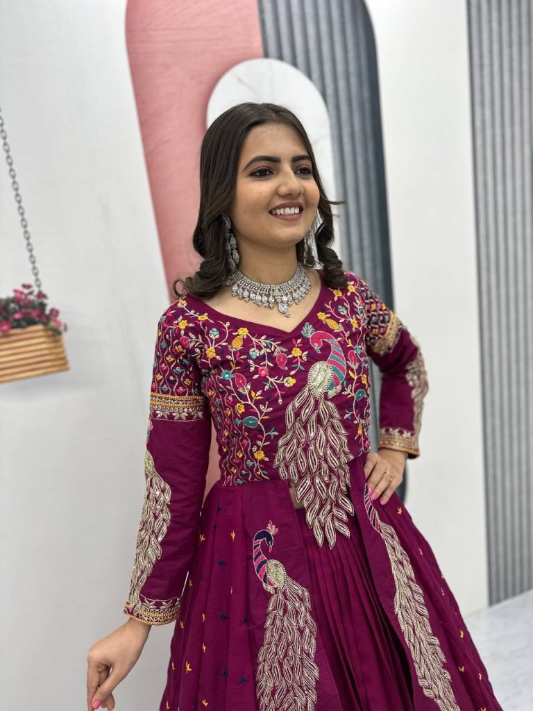 Purple vichitra embroidery thread sequence work top-lehenga set