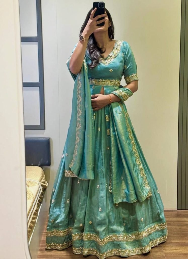 Green chinon silk thread & paip sequence work lehenga choli