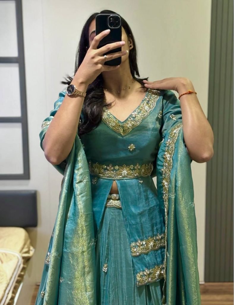 Green chinon silk thread & paip sequence work lehenga choli