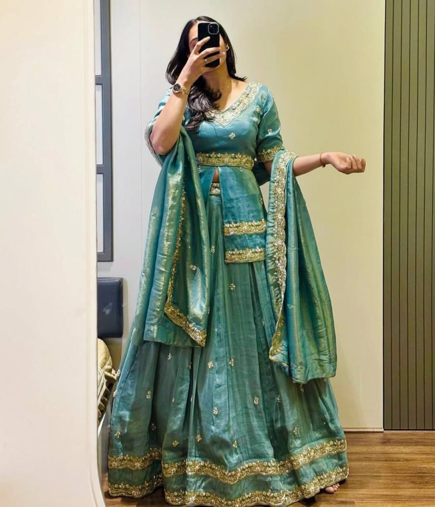 Green chinon silk thread & paip sequence work lehenga choli