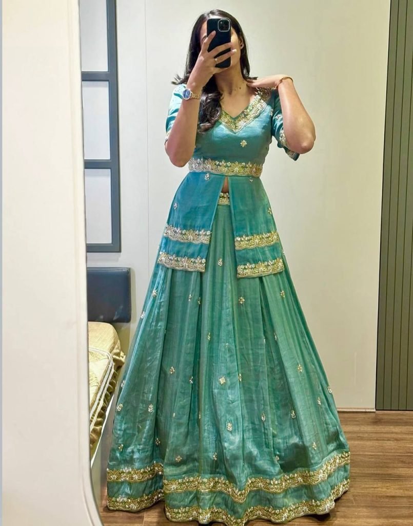 Green chinon silk thread & paip sequence work lehenga choli