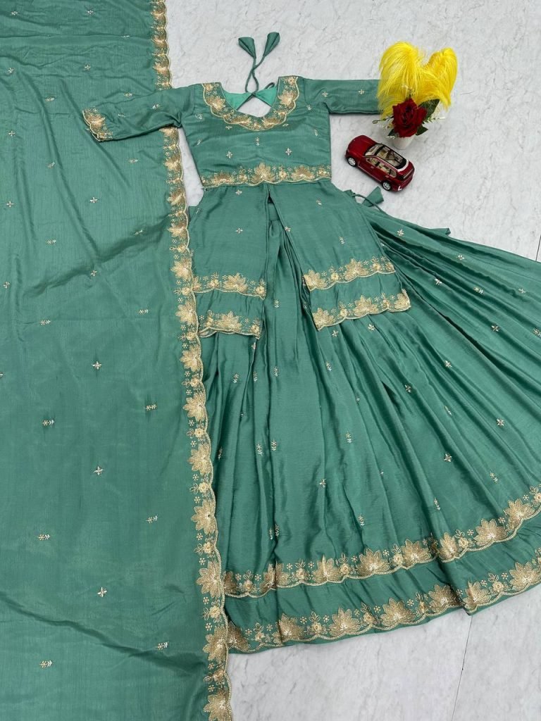 Green chinon silk thread & paip sequence work lehenga choli