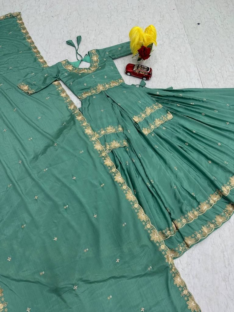 Green chinon silk thread & paip sequence work lehenga choli