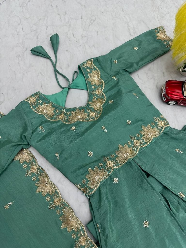 Green chinon silk thread & paip sequence work lehenga choli