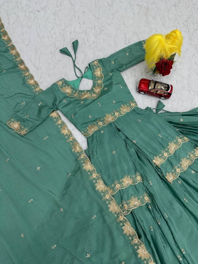 Green chinon silk thread & paip sequence work lehenga choli