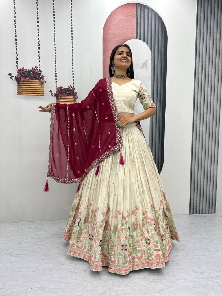 White tissue silk heavy thread & sequence work lehenga choli set