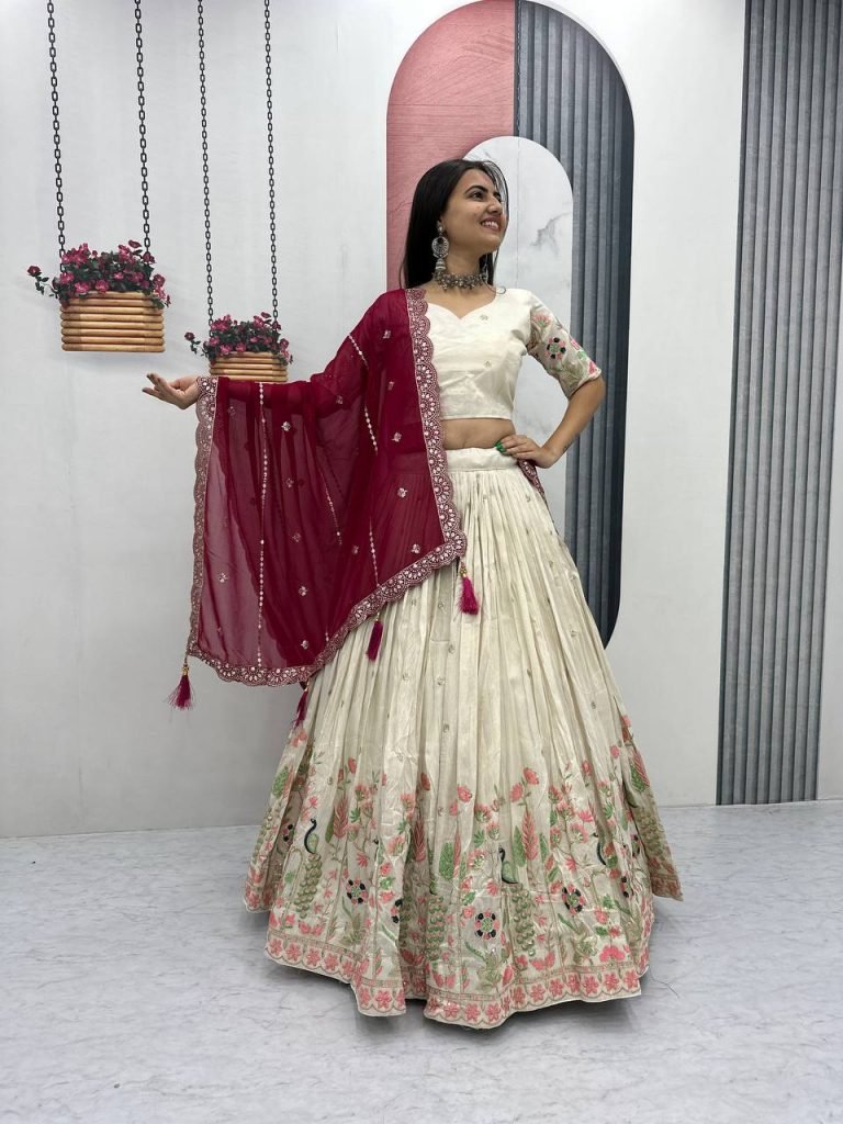 White tissue silk heavy thread & sequence work lehenga choli set