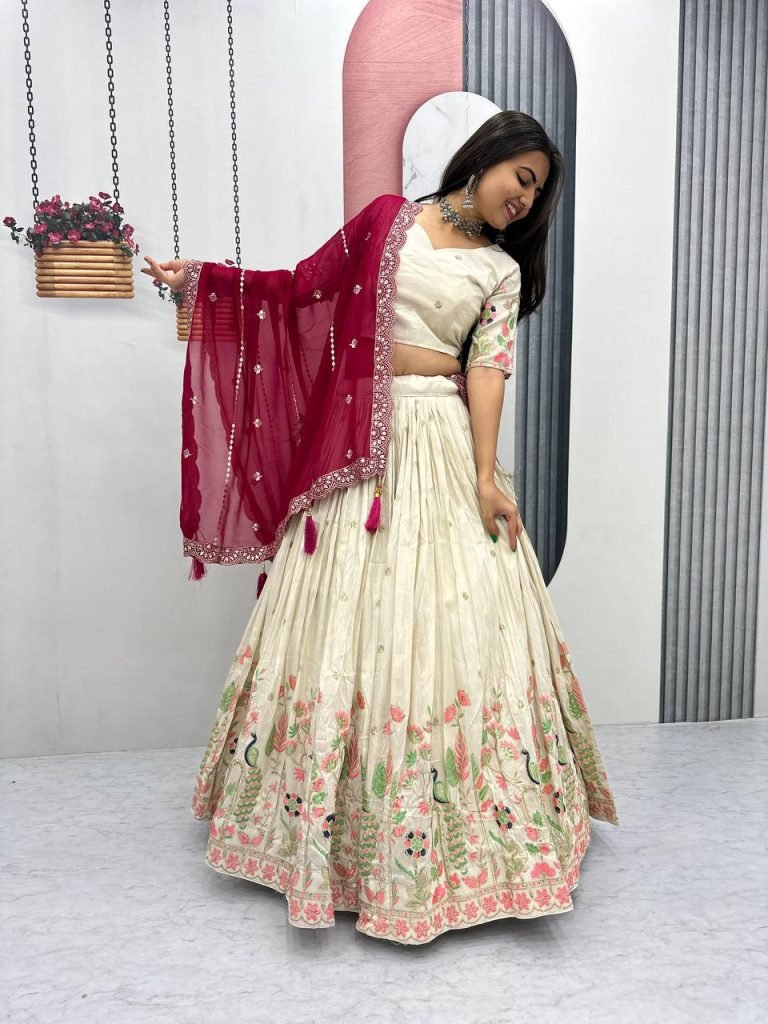 White tissue silk heavy thread & sequence work lehenga choli set