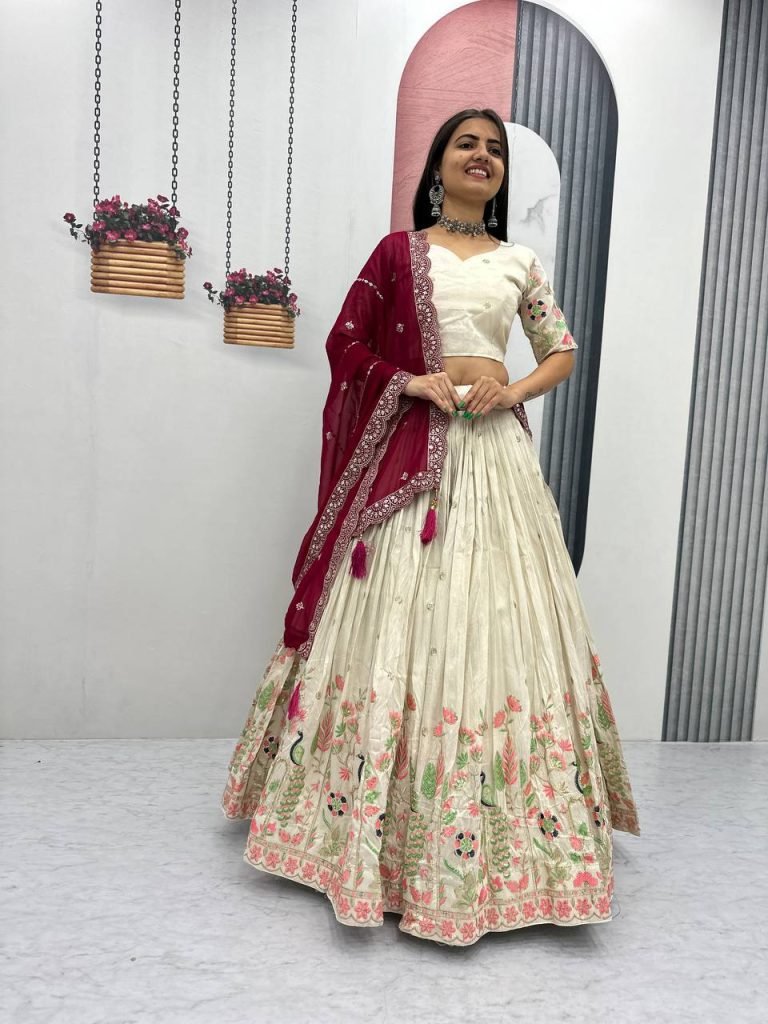 White tissue silk heavy thread & sequence work lehenga choli set