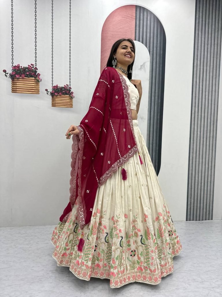 White tissue silk heavy thread & sequence work lehenga choli set