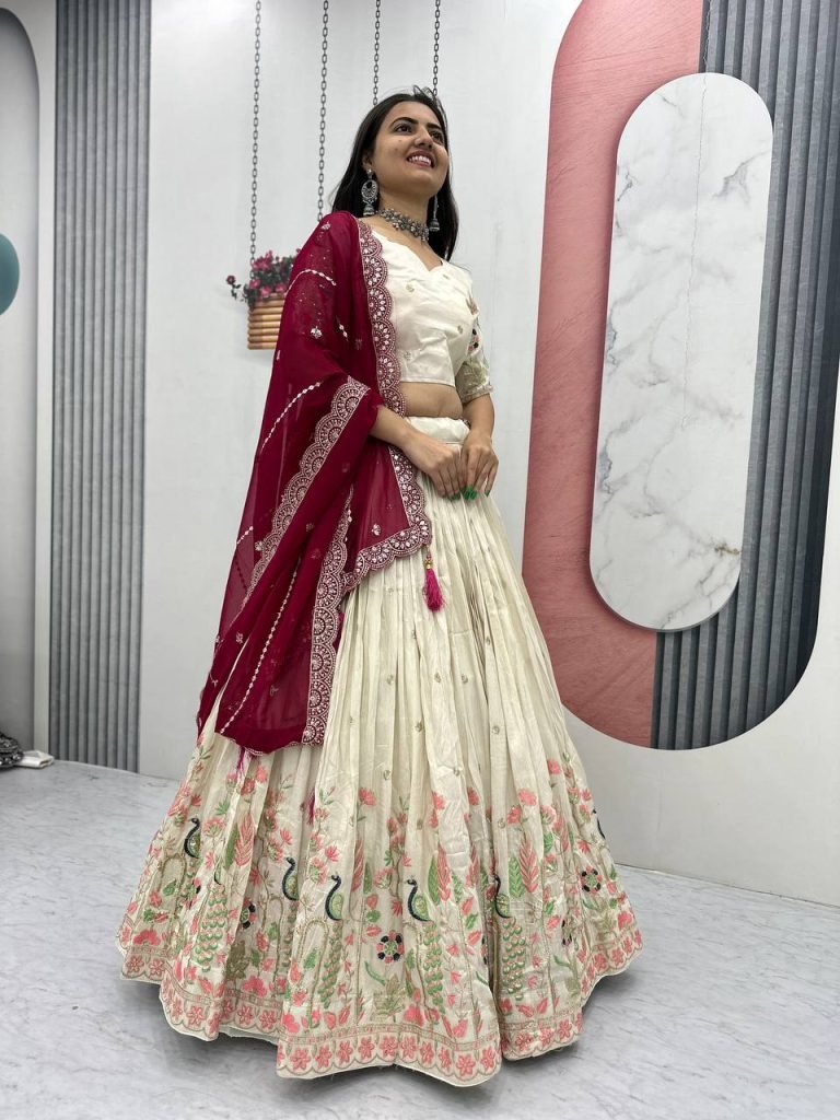 White tissue silk heavy thread & sequence work lehenga choli set