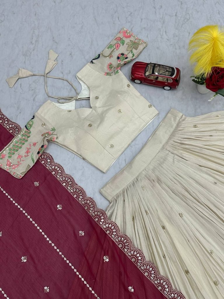 White tissue silk heavy thread & sequence work lehenga choli set