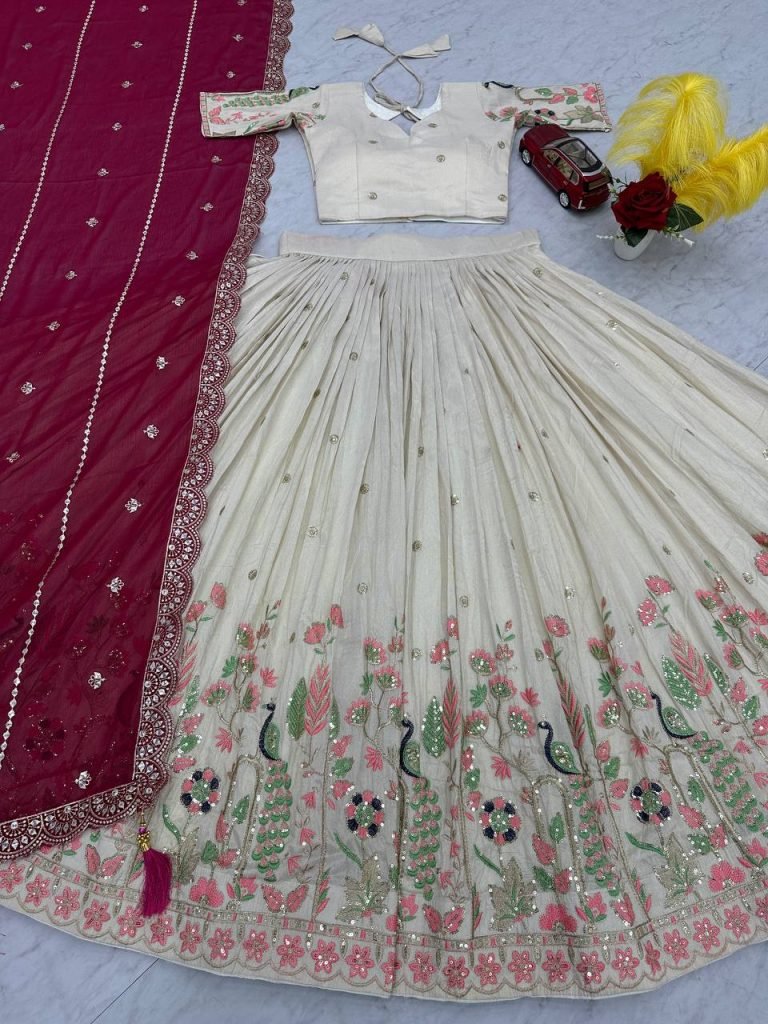 White tissue silk heavy thread & sequence work lehenga choli set