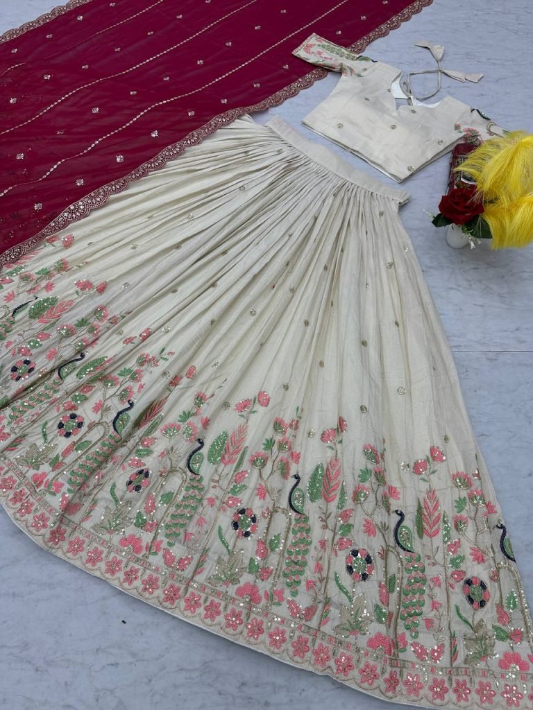 White tissue silk heavy thread & sequence work lehenga choli set
