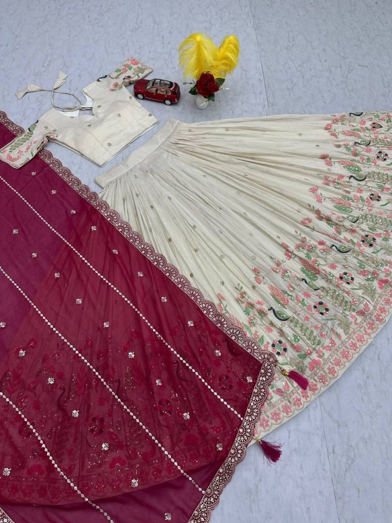 White tissue silk heavy thread & sequence work lehenga choli set