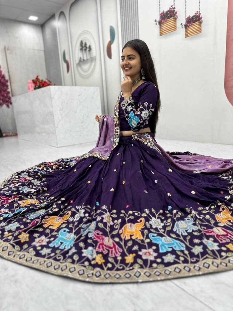Dark Purple pure vichitra silk thread & sequence work lehenga choli