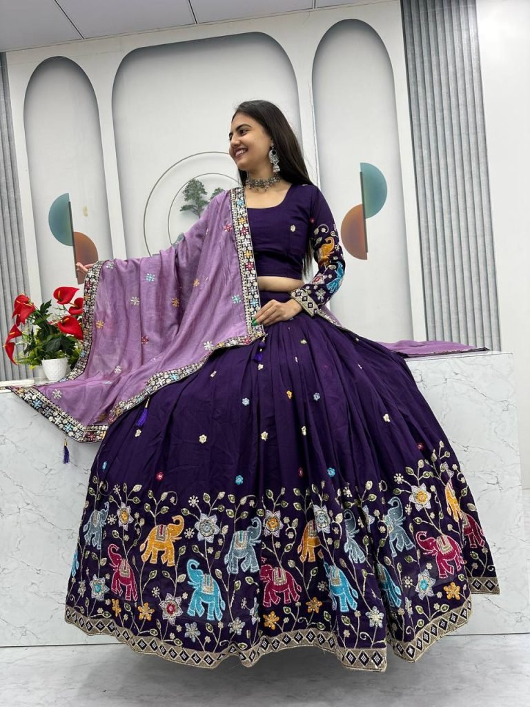 Dark Purple pure vichitra silk thread & sequence work lehenga choli