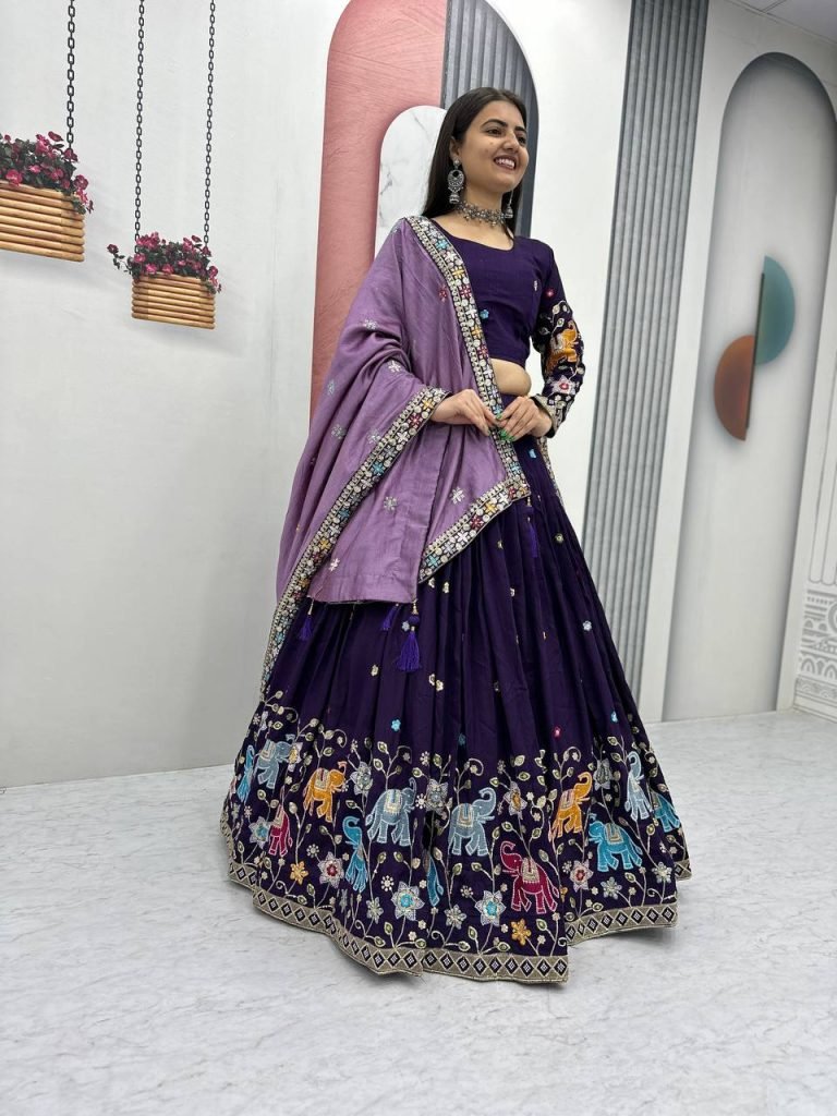 Dark Purple pure vichitra silk thread & sequence work lehenga choli