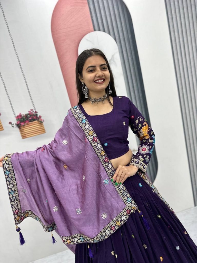 Dark Purple pure vichitra silk thread & sequence work lehenga choli