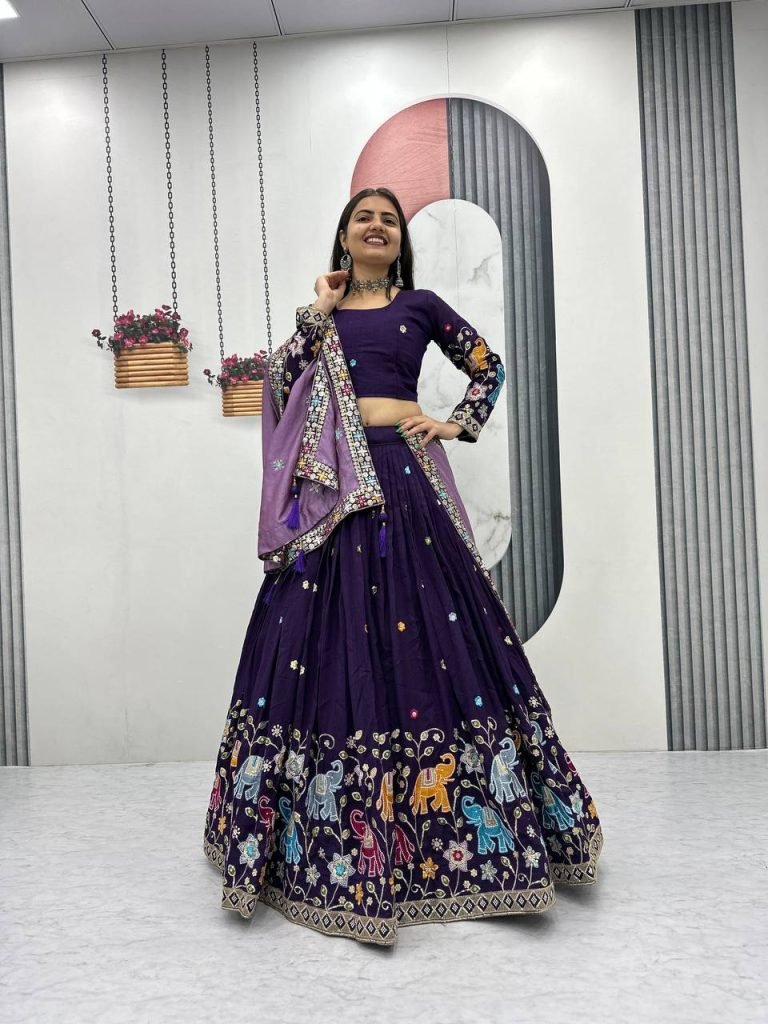 Dark Purple pure vichitra silk thread & sequence work lehenga choli