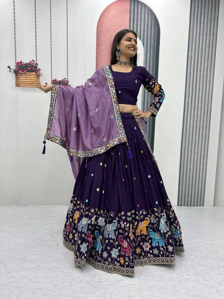 Dark Purple pure vichitra silk thread & sequence work lehenga choli