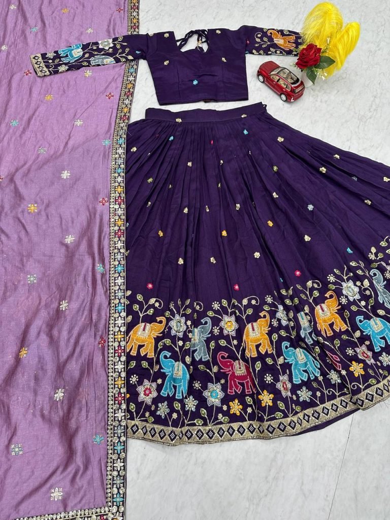 Dark Purple pure vichitra silk thread & sequence work lehenga choli