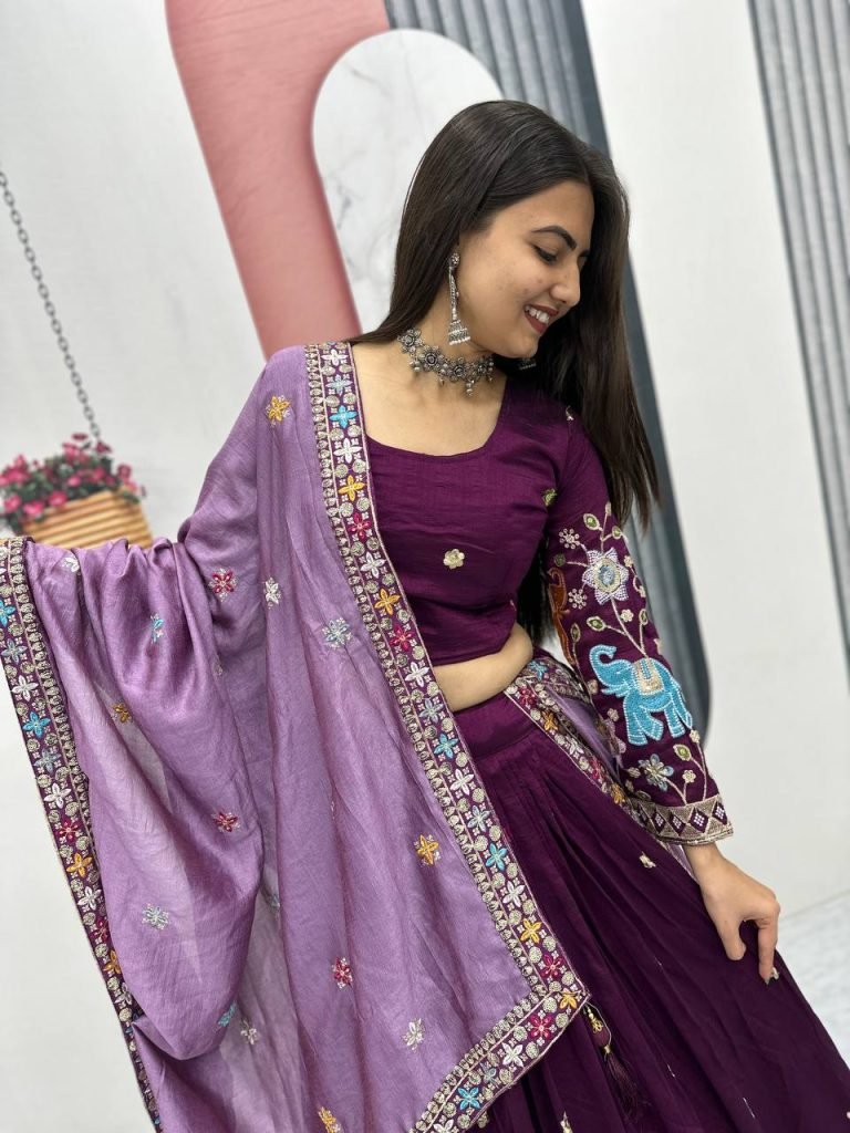 Wine Purple pure vichitra silk thread & sequence work lehenga choli