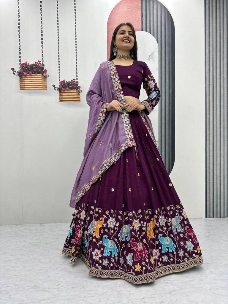 Wine Purple pure vichitra silk thread & sequence work lehenga choli
