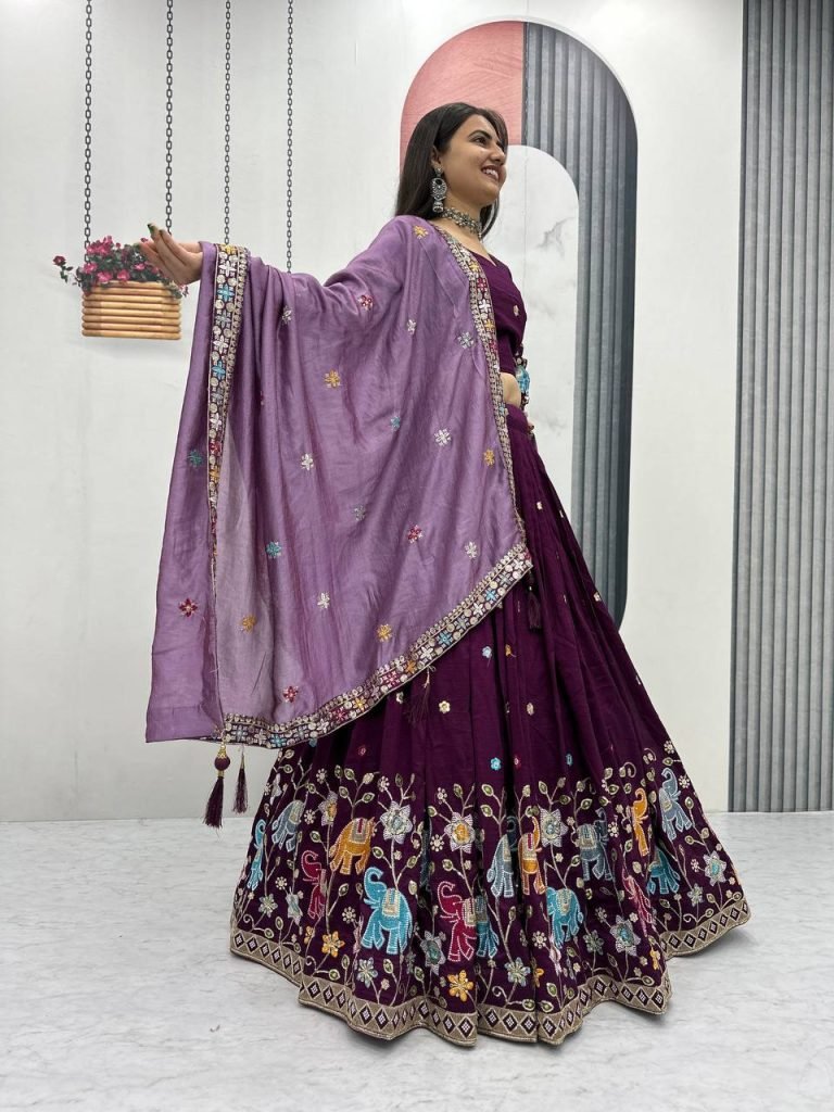 Wine Purple pure vichitra silk thread & sequence work lehenga choli