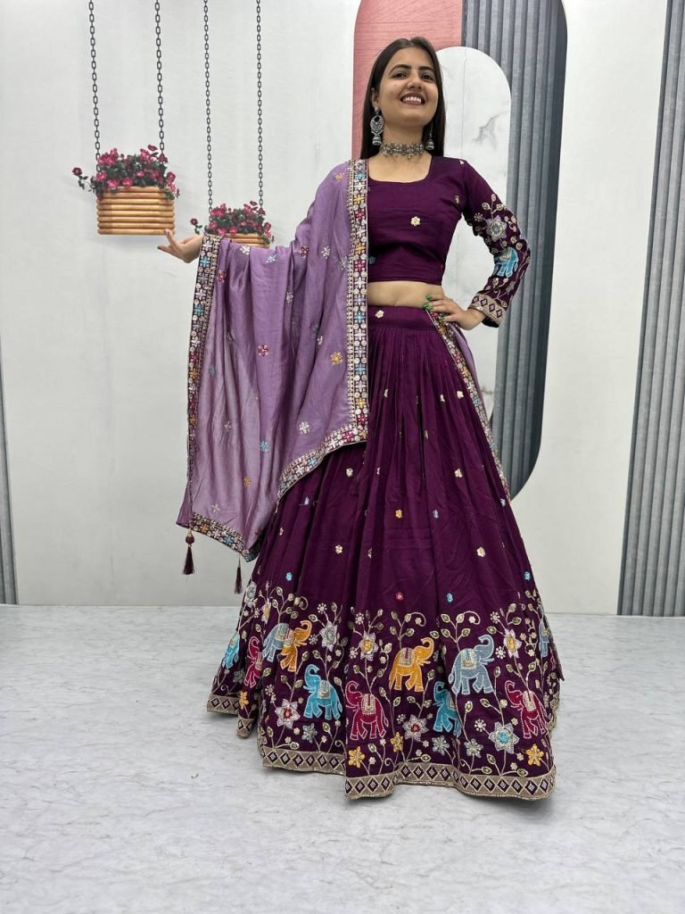 Wine Purple pure vichitra silk thread & sequence work lehenga choli