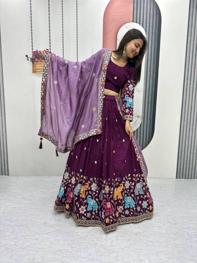 Wine Purple pure vichitra silk thread & sequence work lehenga choli