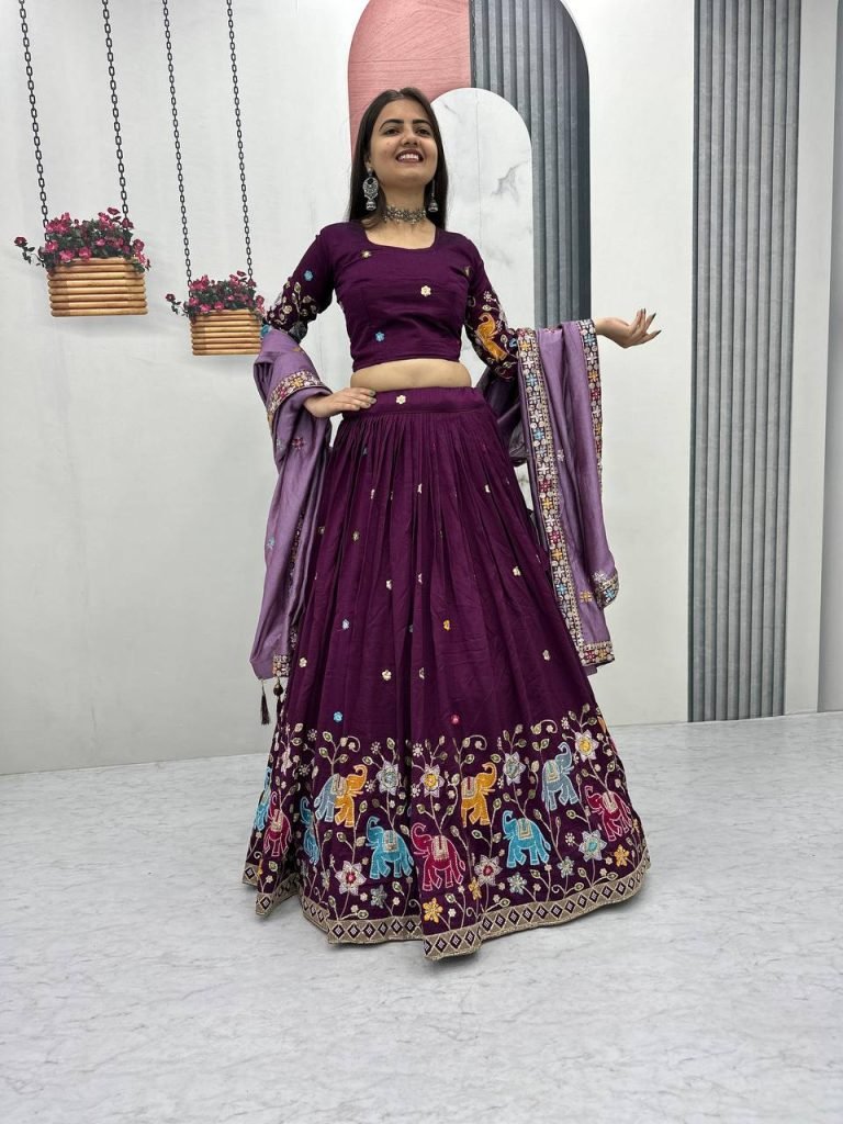 Wine Purple pure vichitra silk thread & sequence work lehenga choli