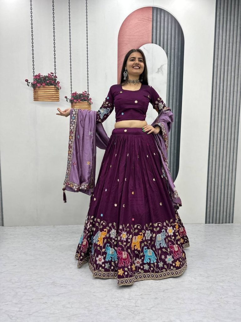 Wine Purple pure vichitra silk thread & sequence work lehenga choli